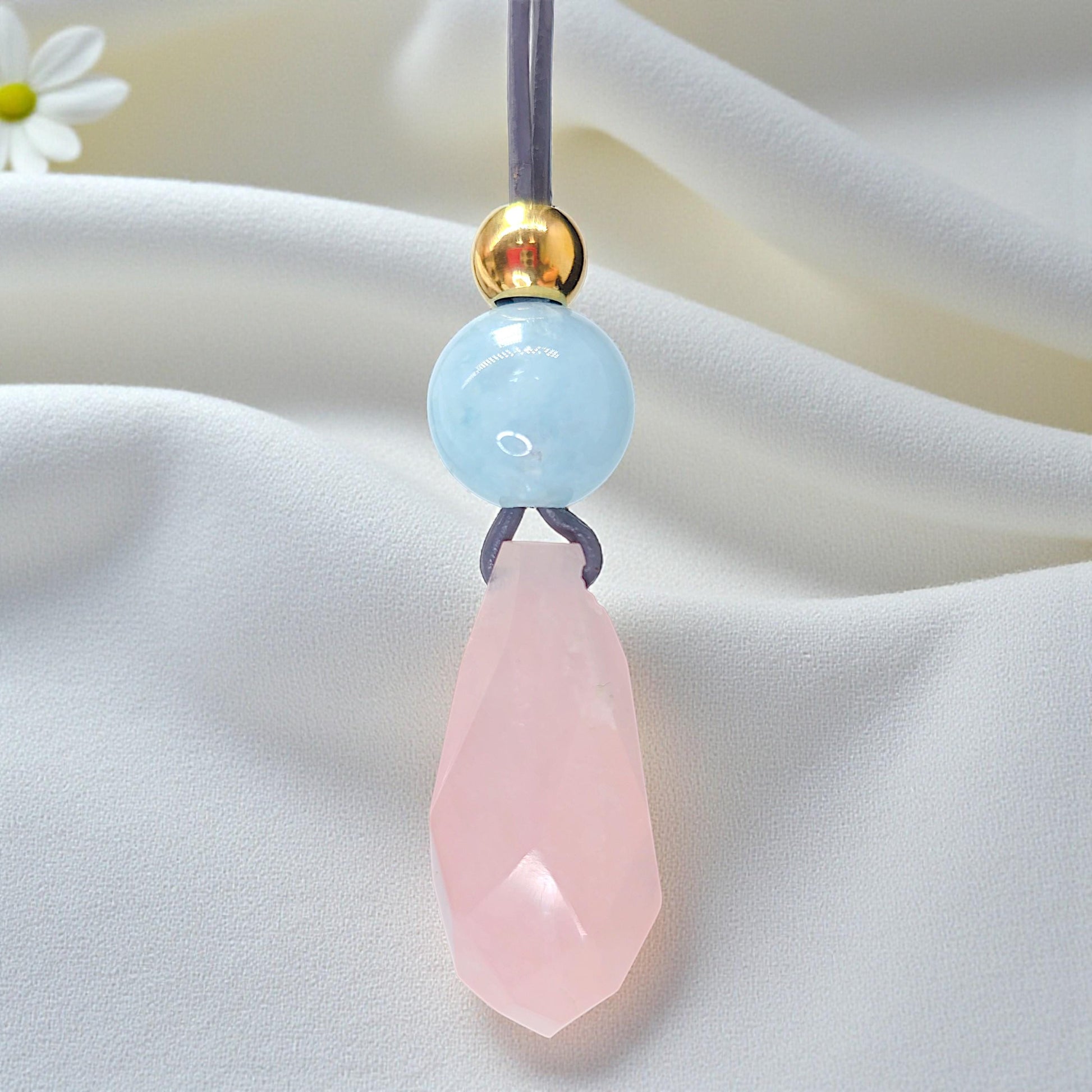 Rose Quartz Faceted Necklace, Chunky Aquamarine Crystal Healing Jewelry, Romantic Love Stone Pendant, Adjustable Leather Cord
