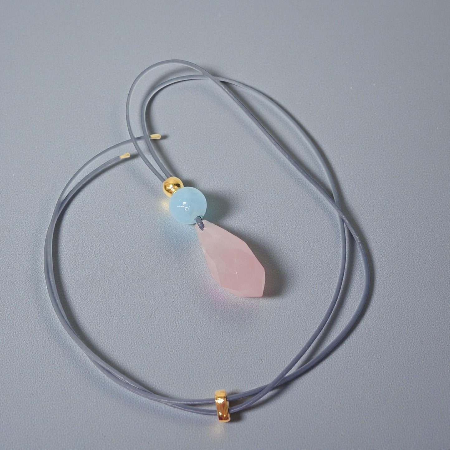 Rose Quartz Faceted Necklace, Chunky Aquamarine Crystal Healing Jewelry, Romantic Love Stone Pendant, Adjustable Leather Cord