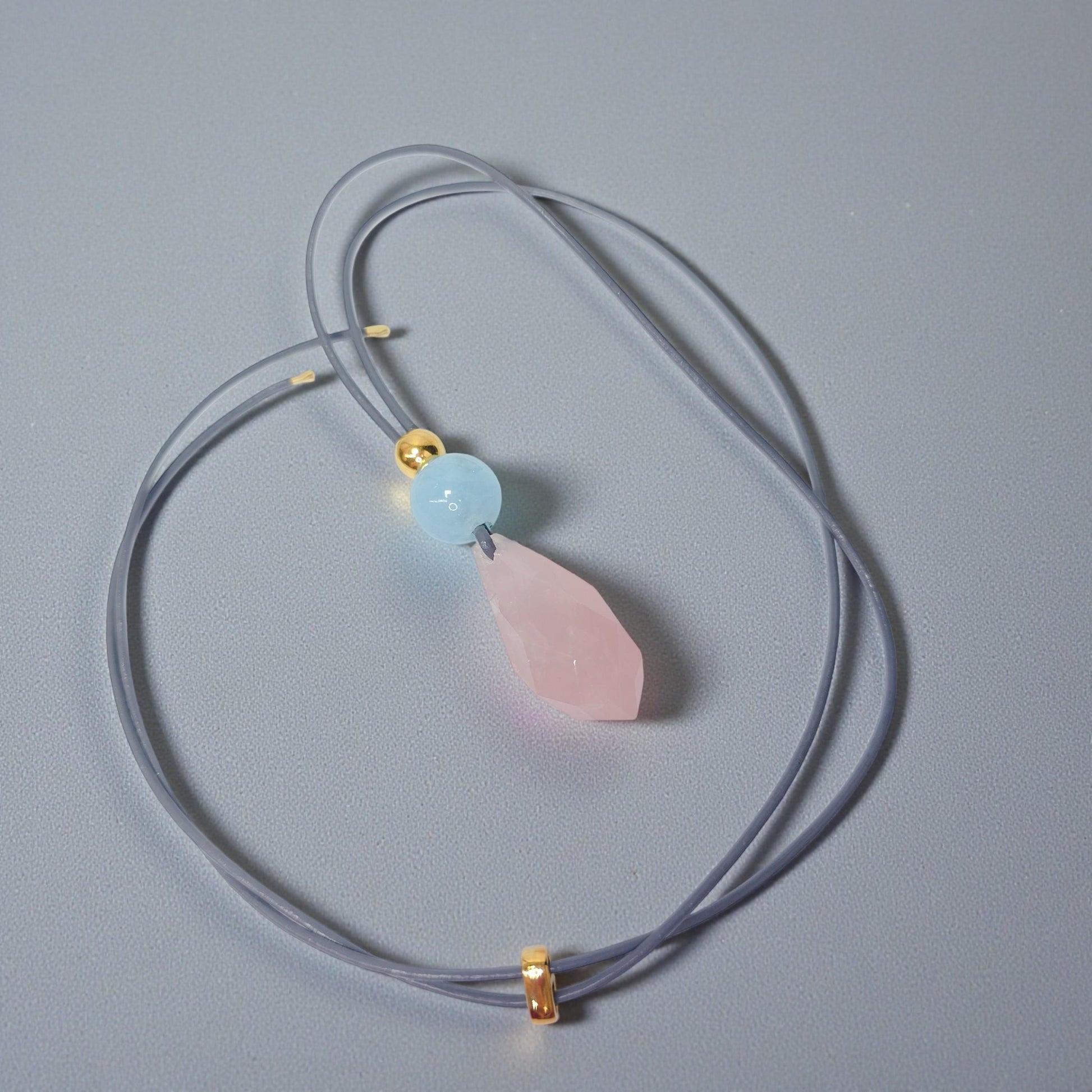 Rose Quartz Faceted Necklace, Chunky Aquamarine Crystal Healing Jewelry, Romantic Love Stone Pendant, Adjustable Leather Cord