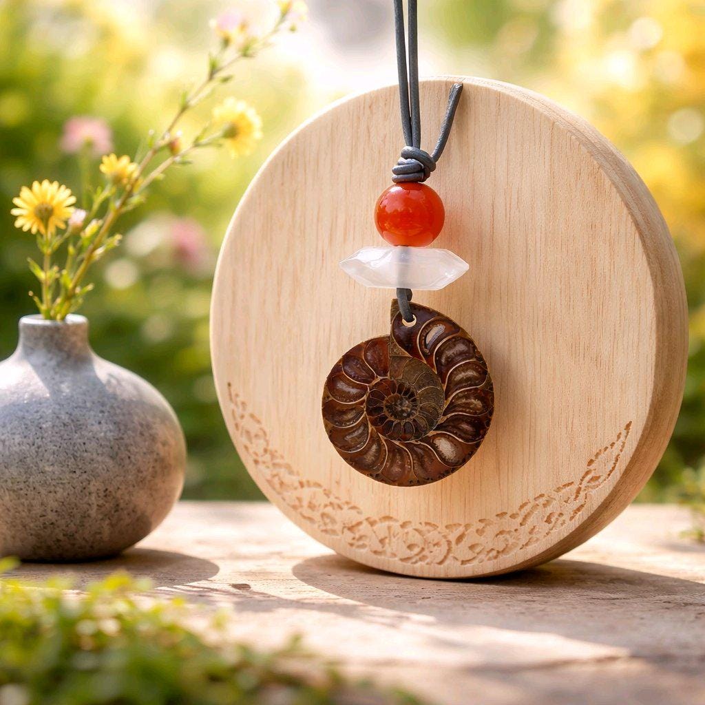 Ancient Ammonite Fossil Necklace, Chunky Clear Quartz Healing Crystal Zen Jewelry, Red Carnelian Pendant, Adjustable Leather Cord