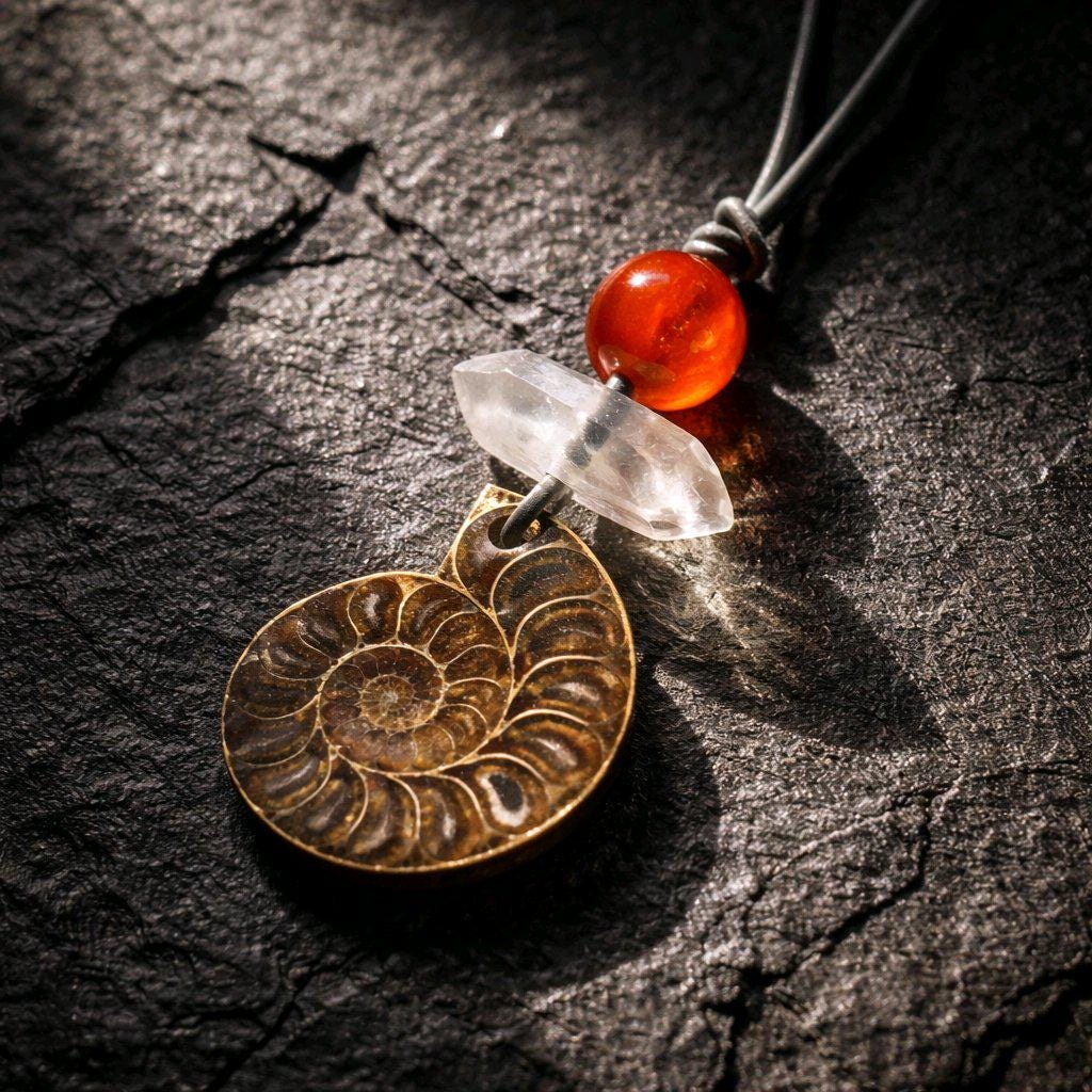Ancient Ammonite Fossil Necklace, Chunky Clear Quartz Healing Crystal Zen Jewelry, Red Carnelian Pendant, Adjustable Leather Cord