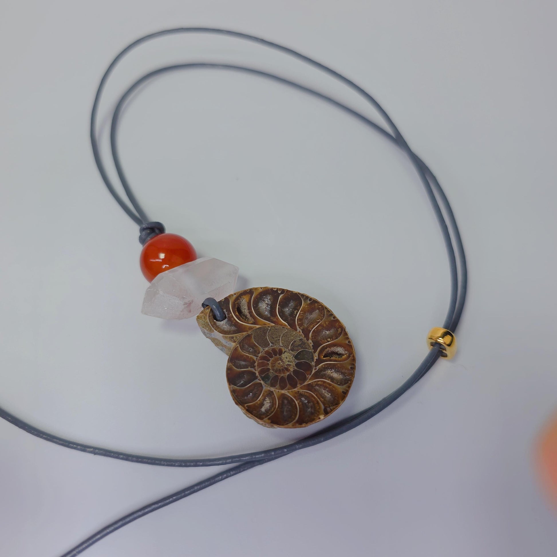 Ancient Ammonite Fossil Necklace, Chunky Clear Quartz Healing Crystal Zen Jewelry, Red Carnelian Pendant, Adjustable Leather Cord