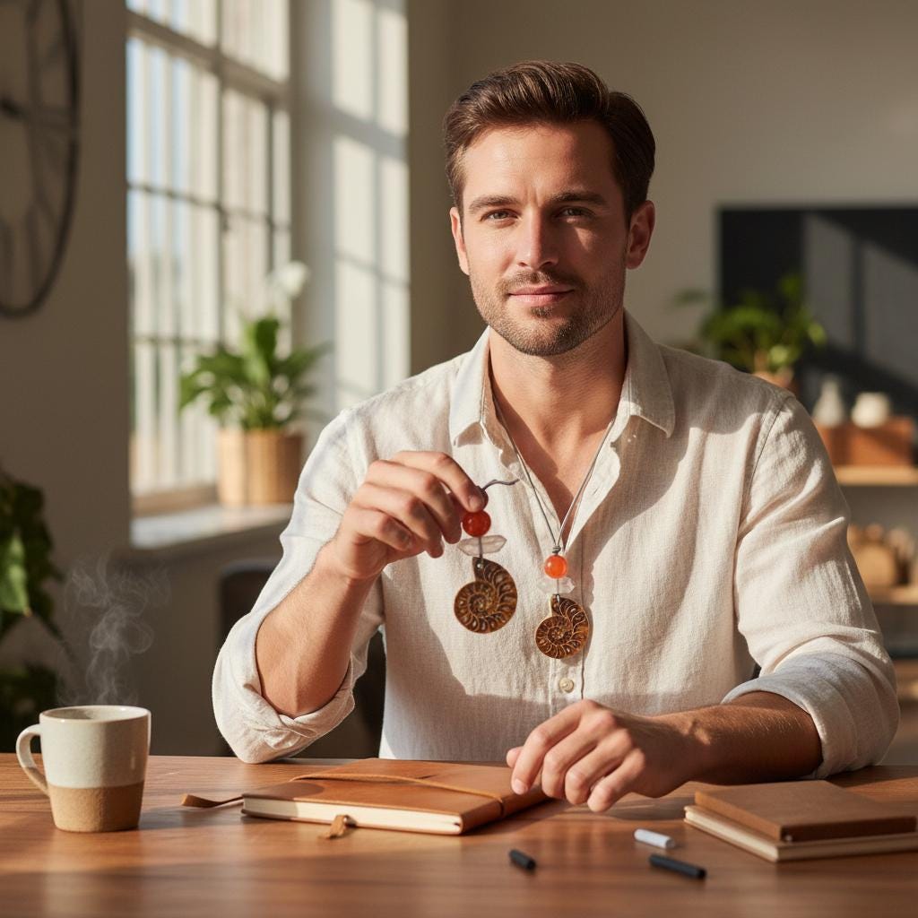 Ancient Ammonite Fossil Necklace, Chunky Clear Quartz Healing Crystal Zen Jewelry, Red Carnelian Pendant, Adjustable Leather Cord