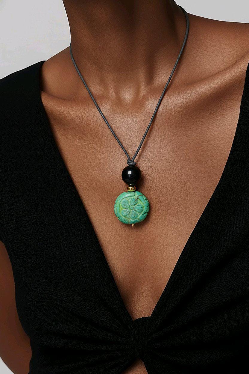 Turquoise Flower Necklace, Chunky Obsidian Protection Jewelry, Hand Carved Totem Crystal Pendant, Adjustable Leather Cord