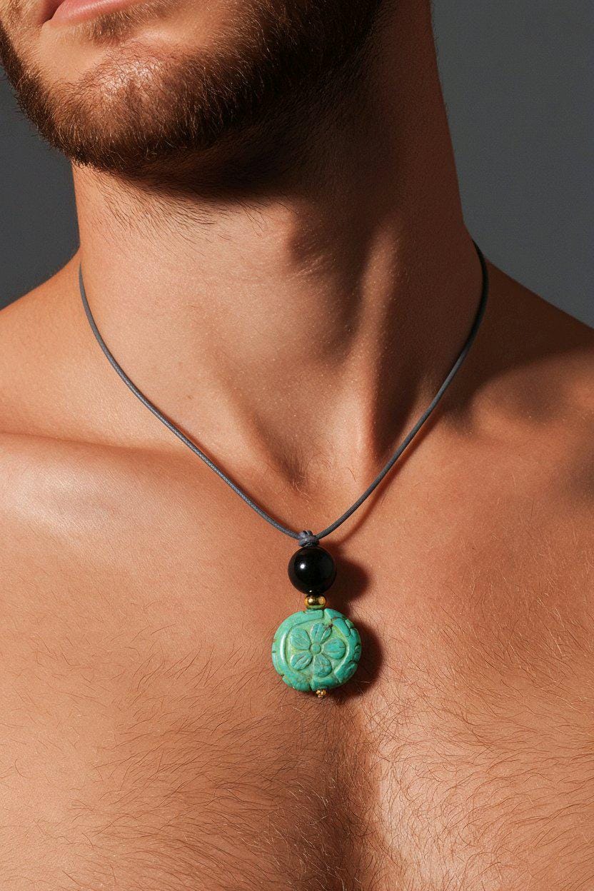 Turquoise Flower Necklace, Chunky Obsidian Protection Jewelry, Hand Carved Totem Crystal Pendant, Adjustable Leather Cord