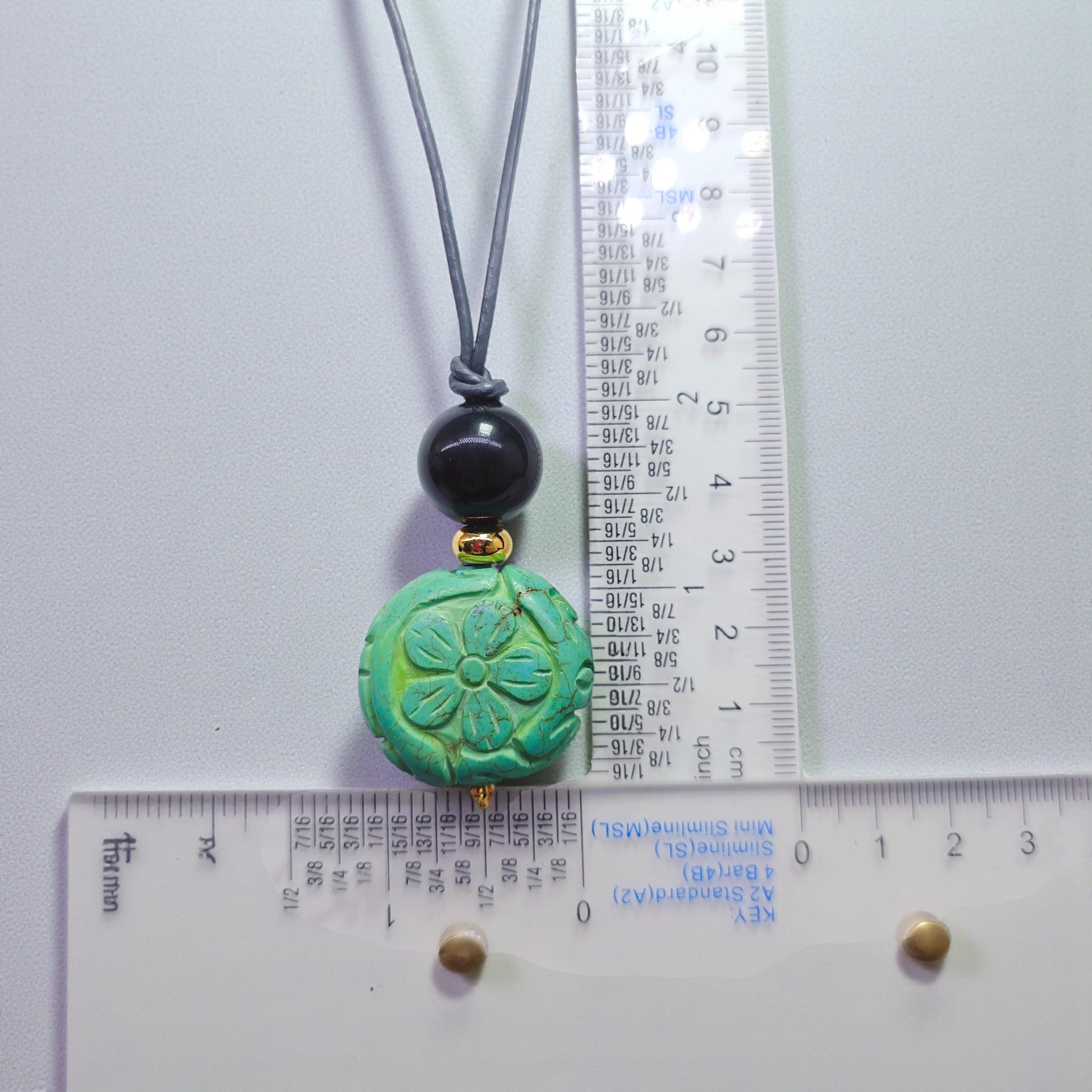 Turquoise Flower Necklace, Chunky Obsidian Protection Jewelry, Hand Carved Totem Crystal Pendant, Adjustable Leather Cord