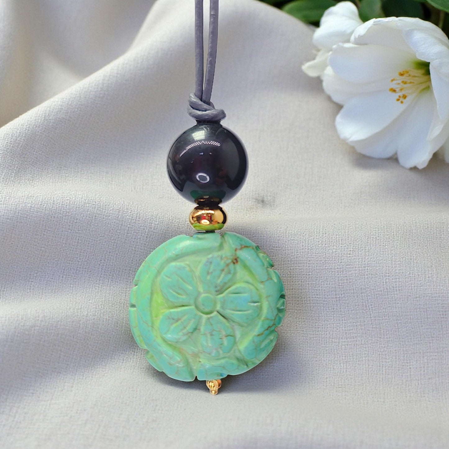 Turquoise Flower Necklace, Chunky Obsidian Protection Jewelry, Hand Carved Totem Crystal Pendant, Adjustable Leather Cord