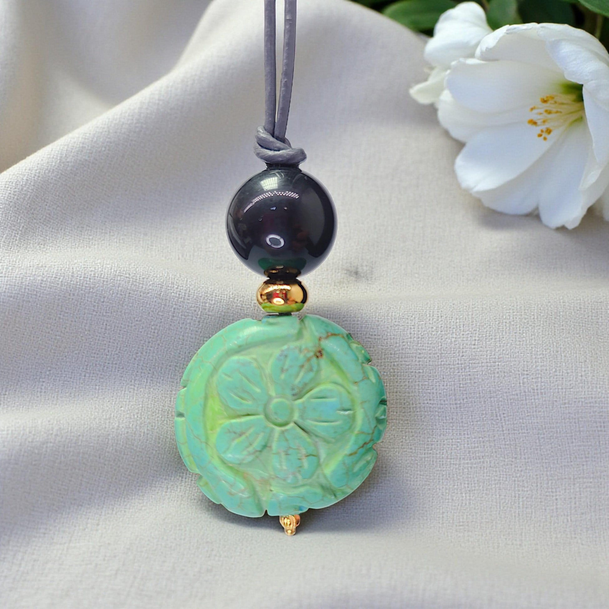 Turquoise Flower Necklace, Chunky Obsidian Protection Jewelry, Hand Carved Totem Crystal Pendant, Adjustable Leather Cord