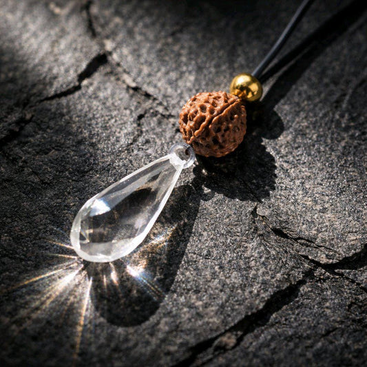 Clear Quartz Point Necklace, Chunky Rudraksha Seed Zen Jewelry, Spiritual Meditation Amulet Pendant, Adjustable Leather Cord