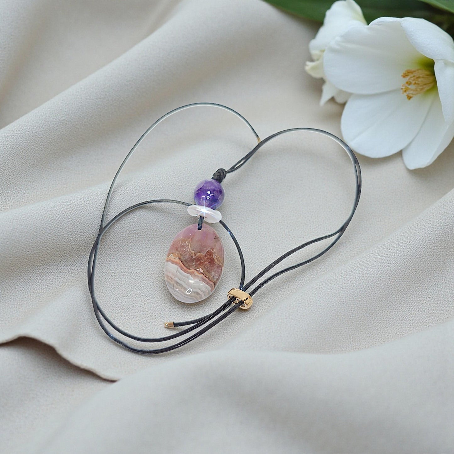 Chevron Amethyst Necklace Crystal Healing Jewelry for Her Unique Chunky Stone Pendant Gift with Adjustable Leather Cord