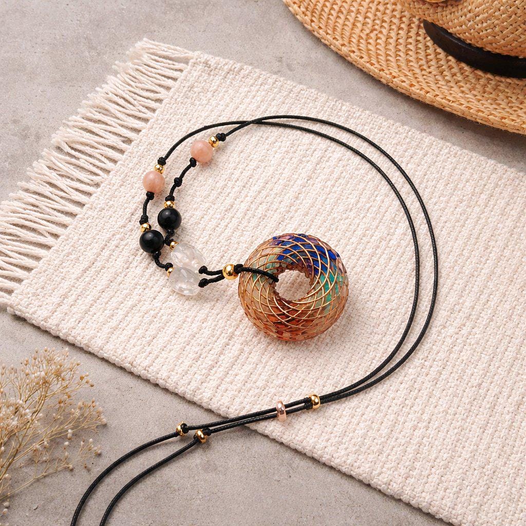 7 Chakra Rodin Coil Necklace Healing Crystal Orgone Energy Pendant Chunky Yoga Jewelry for Protection with Adjustable Leather Cord