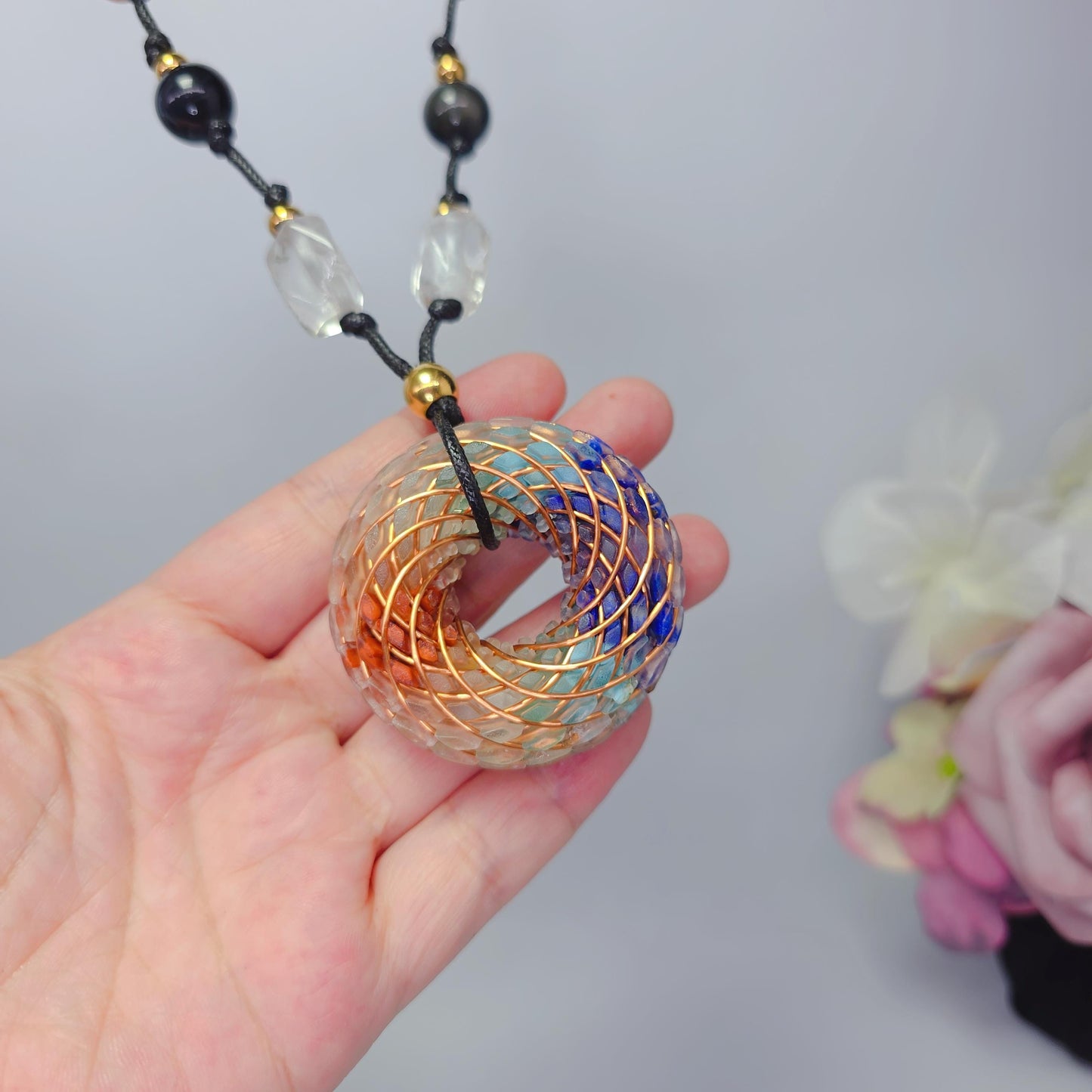 7 Chakra Rodin Coil Necklace Healing Crystal Orgone Energy Pendant Chunky Yoga Jewelry for Protection with Adjustable Leather Cord