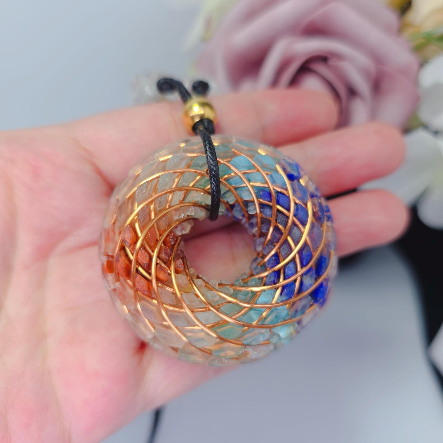 7 Chakra Rodin Coil Necklace Healing Crystal Orgone Energy Pendant Chunky Yoga Jewelry for Protection with Adjustable Leather Cord