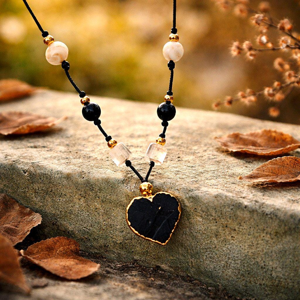 Black Tourmaline Necklace Heart Crystal Protection Jewelry for Her Chunky Raw Stone Pendant Gift with Adjustable Chain