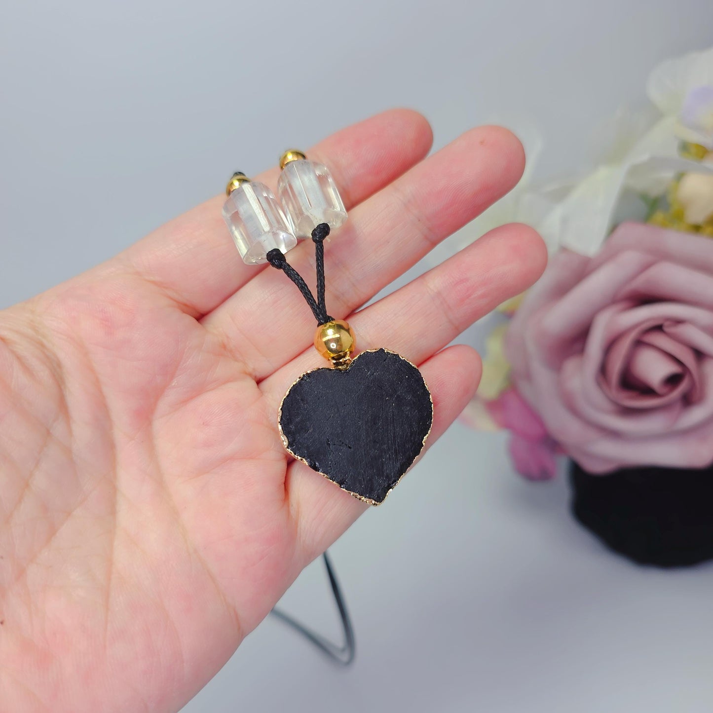Black Tourmaline Necklace Heart Crystal Protection Jewelry for Her Chunky Raw Stone Pendant Gift with Adjustable Chain