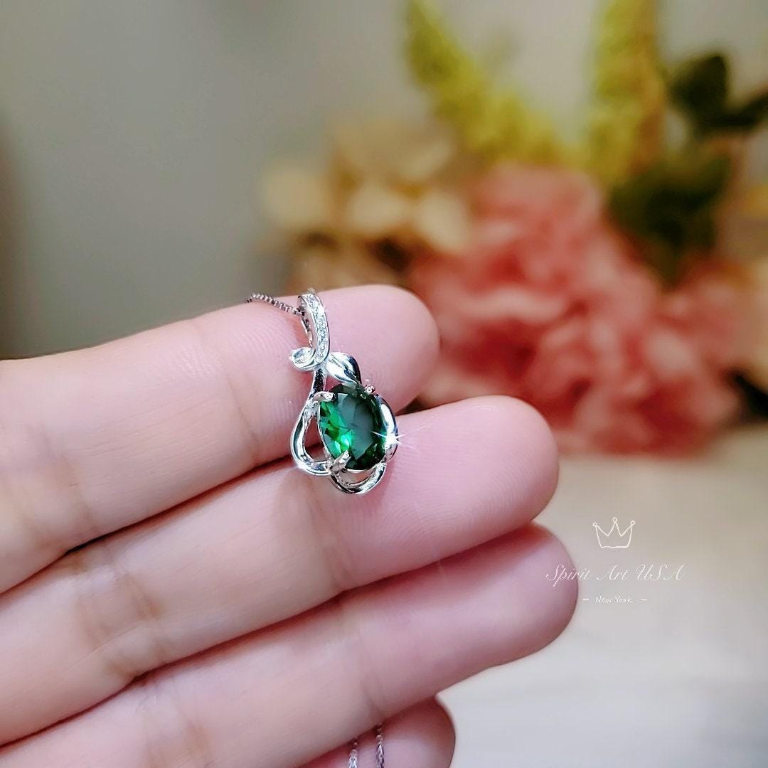Green Emerald Necklace Sterling Silver Flower Of life Pendant, white gold 18kgp Oval Cut box chain emerald jewelry 077