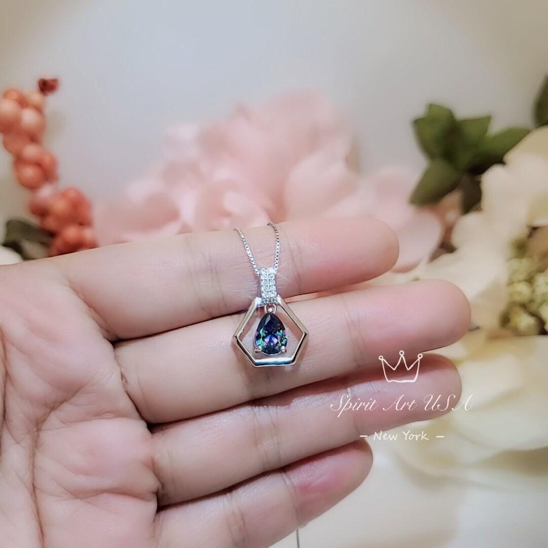 Geometric Rainbow Mystic Topaz Necklace - Sterling Silver Triangle Diamond Teardrop Mystic Topaz Pendant - Tiny Dynamic Hexagon Jewelry #109