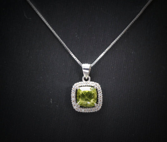 Genuine Green Peridot Necklace - Sterling Silver - Natural Peridot - Square Green Gemstone - Birthstone - Tiny Peridot Pendant #1014