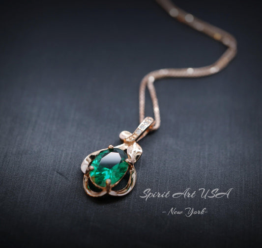 Tiny Rose Gold Coated 925 Sterling Silver Flower Of Life Pendant , Emerald Necklace , May Birthstone Jewelry 078