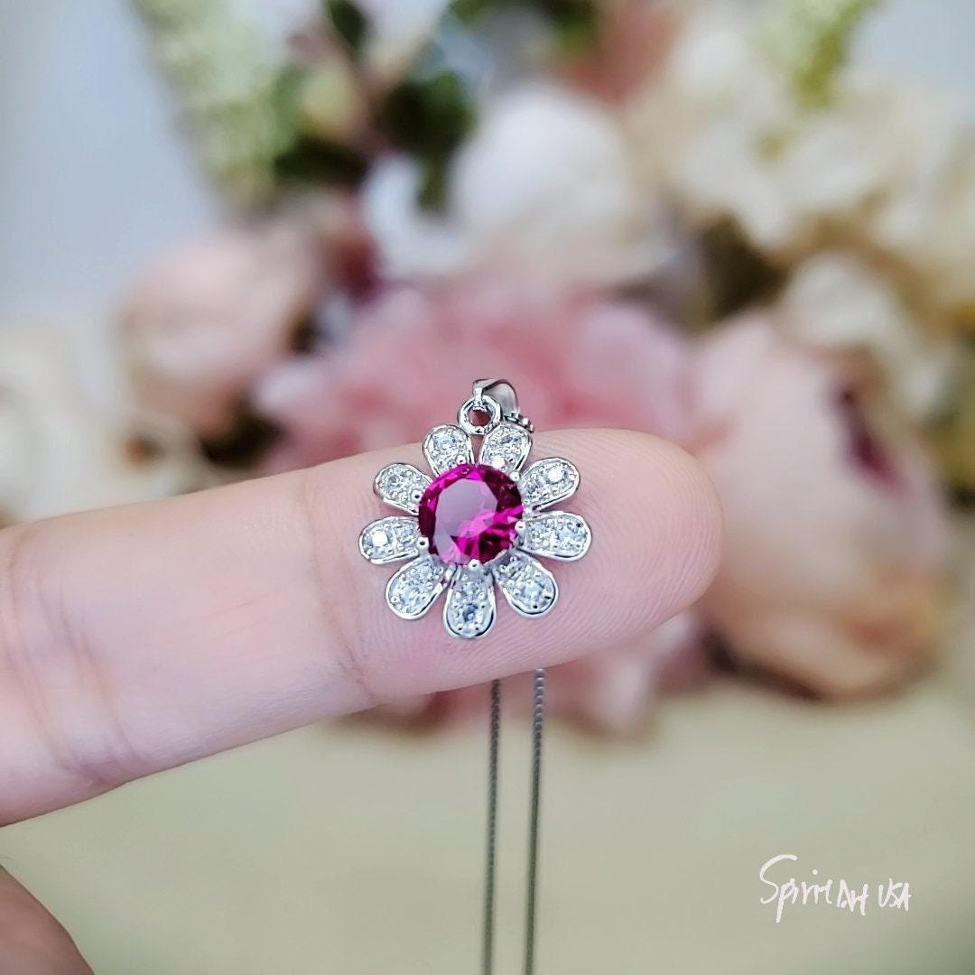 Ruby Necklace Gemstone Sunflower Pendant Sterling Silver 0.85 ct Red Ruby Pendant White Gold Plated Tiny Red Gemstone Jewelry 049