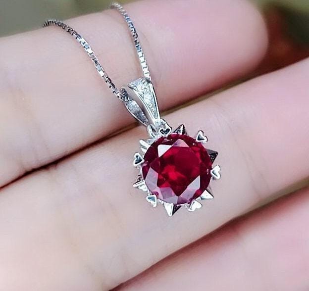 8mm Ruby Necklace - 18kgp @ Sterling Silver - 2.2 CT Red Ruby Pendant - Tiny Dainty July Birthstone 096