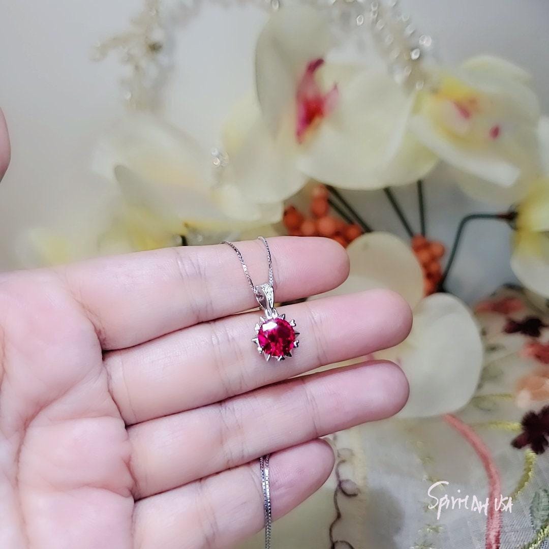 8mm Ruby Necklace - 18kgp @ Sterling Silver - 2.2 CT Red Ruby Pendant - Tiny Dainty July Birthstone 096