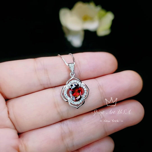 Garnet Necklace Sterling Silver flower of Life Red Gemstone Dainty Orange Spessartite Garnet Jewelry Tiny Garnet Choker Chakra Healing 1124
