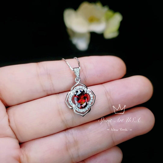 Garnet Necklace Sterling Silver flower of Life Red Gemstone Dainty Orange Spessartite Garnet Jewelry Tiny Garnet Choker Chakra Healing 1124