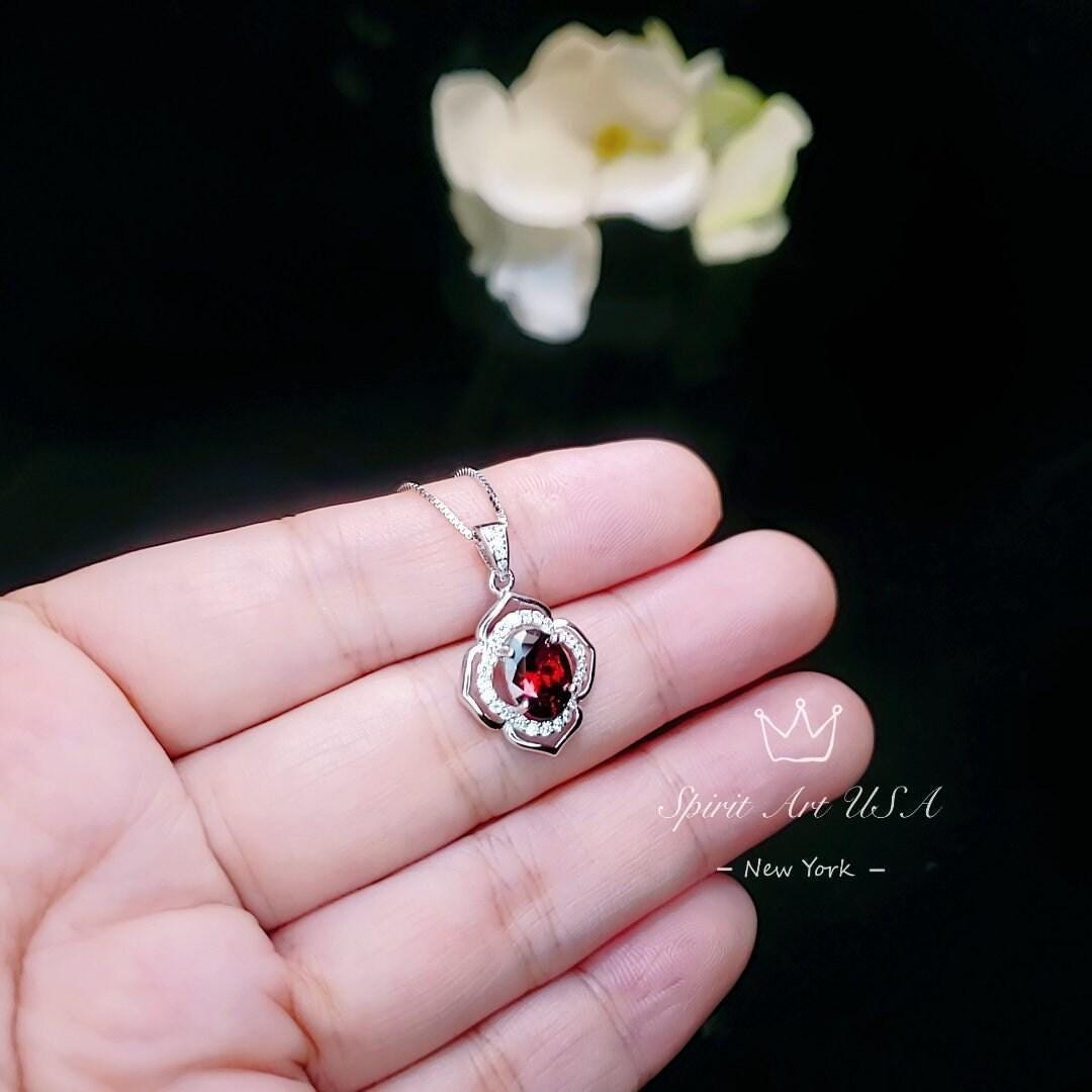 Garnet Necklace Sterling Silver flower of Life Red Gemstone Dainty Orange Spessartite Garnet Jewelry Tiny Garnet Choker Chakra Healing 1124
