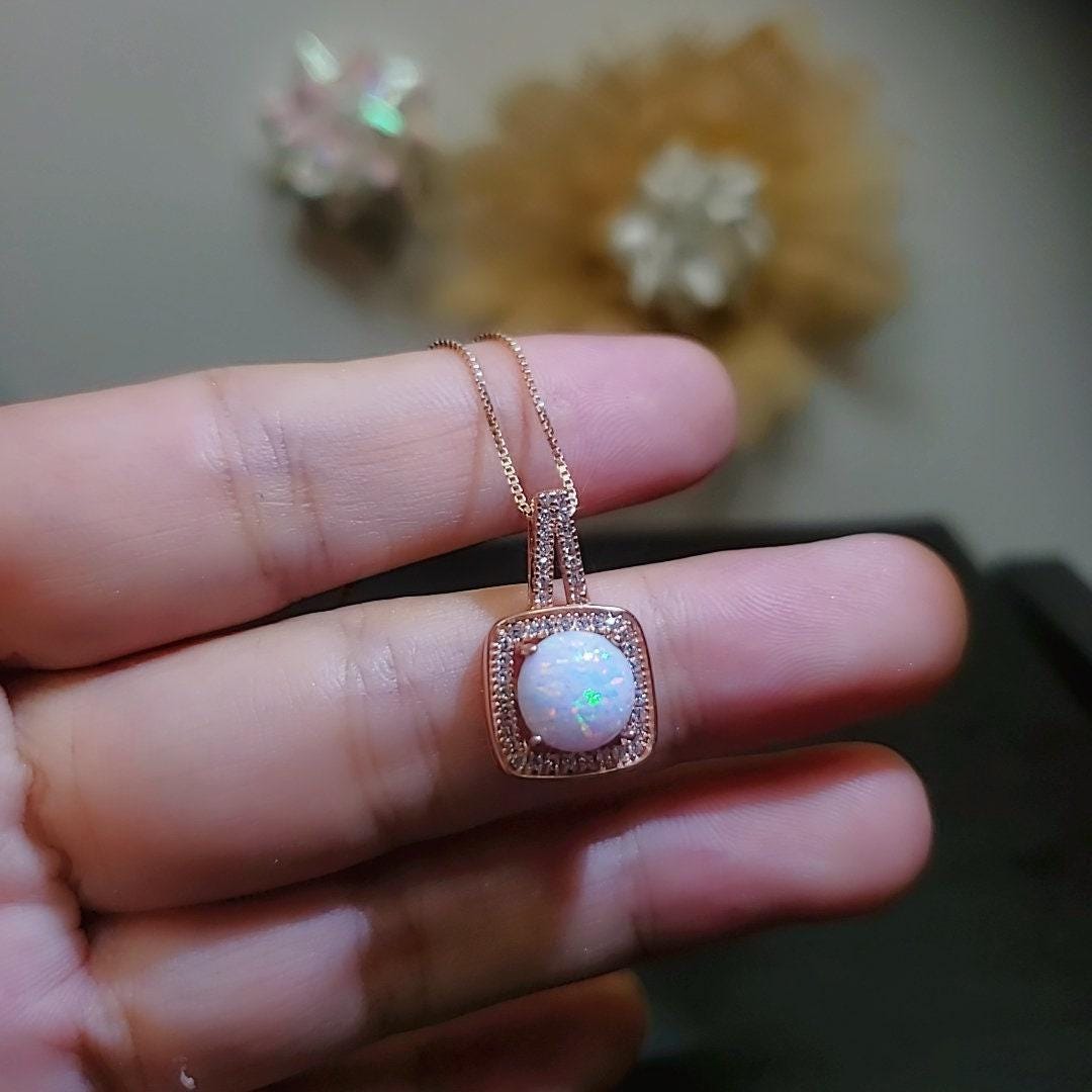 Rose Gold Opal Necklace - Square White Opal Pendant - Rose Gold Coated Sterling Silver Box Opal Jewelry