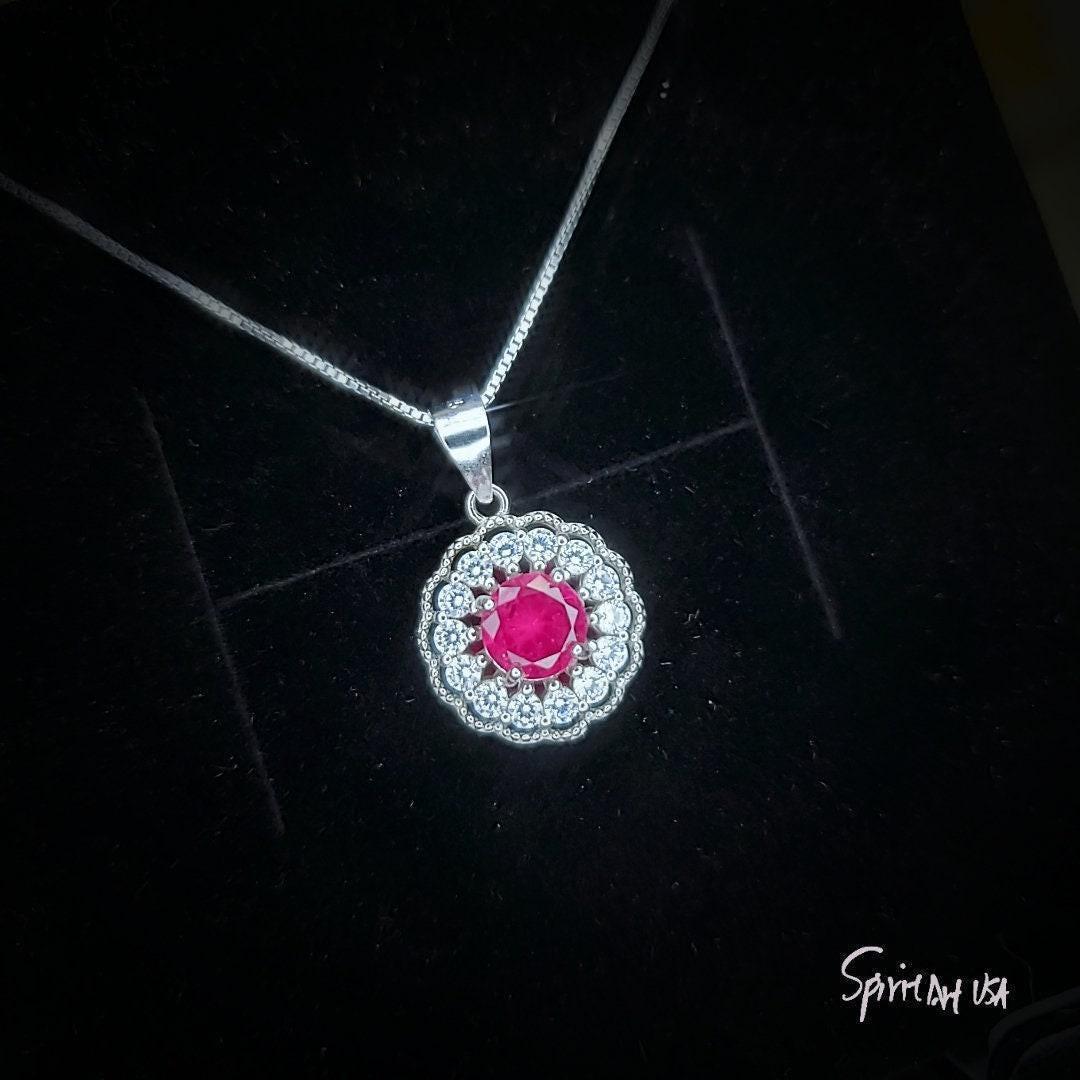 Tiny Ruby Flower Necklace Diamond Cherry Blossoms Sterling Silver White Gold Plated 0.85 CT July Birthstone 1049