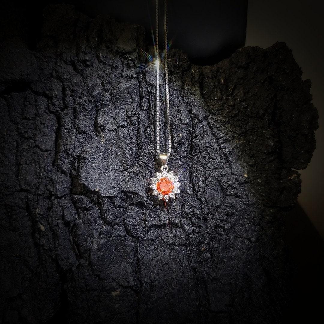 Tiny Sunstone Necklace - Sterling Silver Tangerine Sapphire Red Orange Spessartite Garnet Necklace - Princess Diana Style Sunflower 013