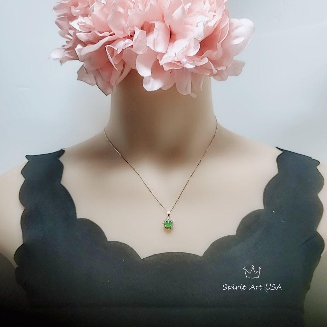 Rose Gold Green Jade Necklace Tiny Diamond Sunflower Sterling Silver Princess Diana Style Green Jade Pendant Jewelry 1077