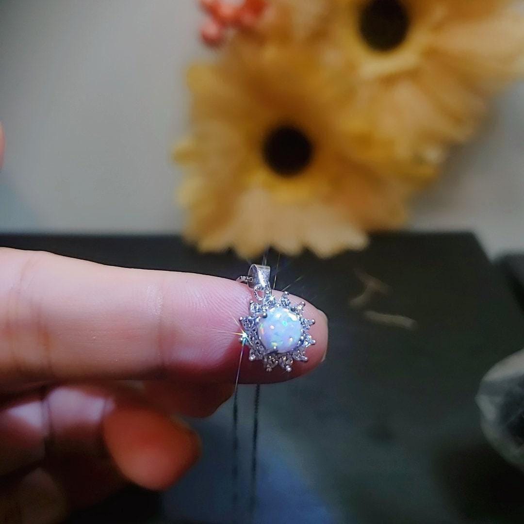 Opal Necklace - Princess Diana Necklace - Solitaire White Fire Opal Full Sterling Silver #001