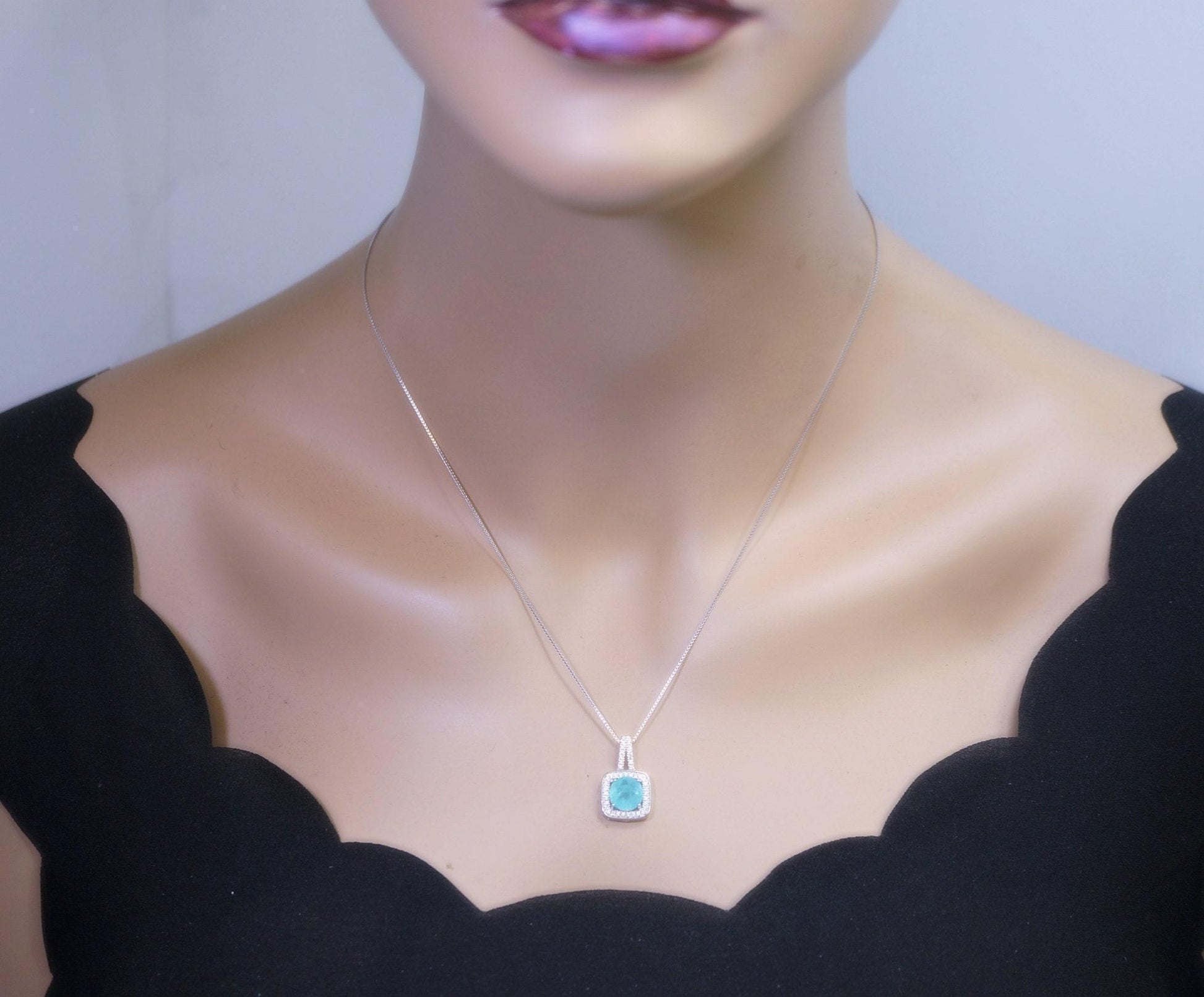 Square Blue Paraiba Tourmaline Necklace Sterling Silver 8 mm Round Paraiba Gemstone Pendant #007