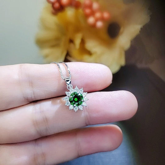 Minimalist Green Diopside Necklace Sterling Silver Sunflower Princess Diana Style Tiny Green Gemstone Pendant 1102