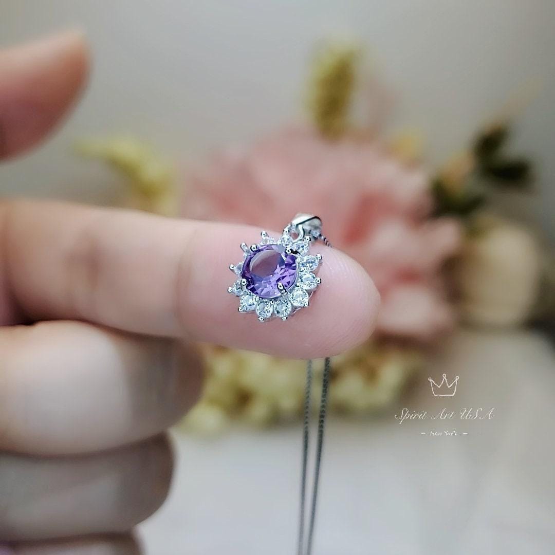 Genuine Amethyst Necklace - Tiny Princess Diana Style 6MM Natural Amethyst Yoga Zen Simple Solitaire February birthstone Jewelry 1108
