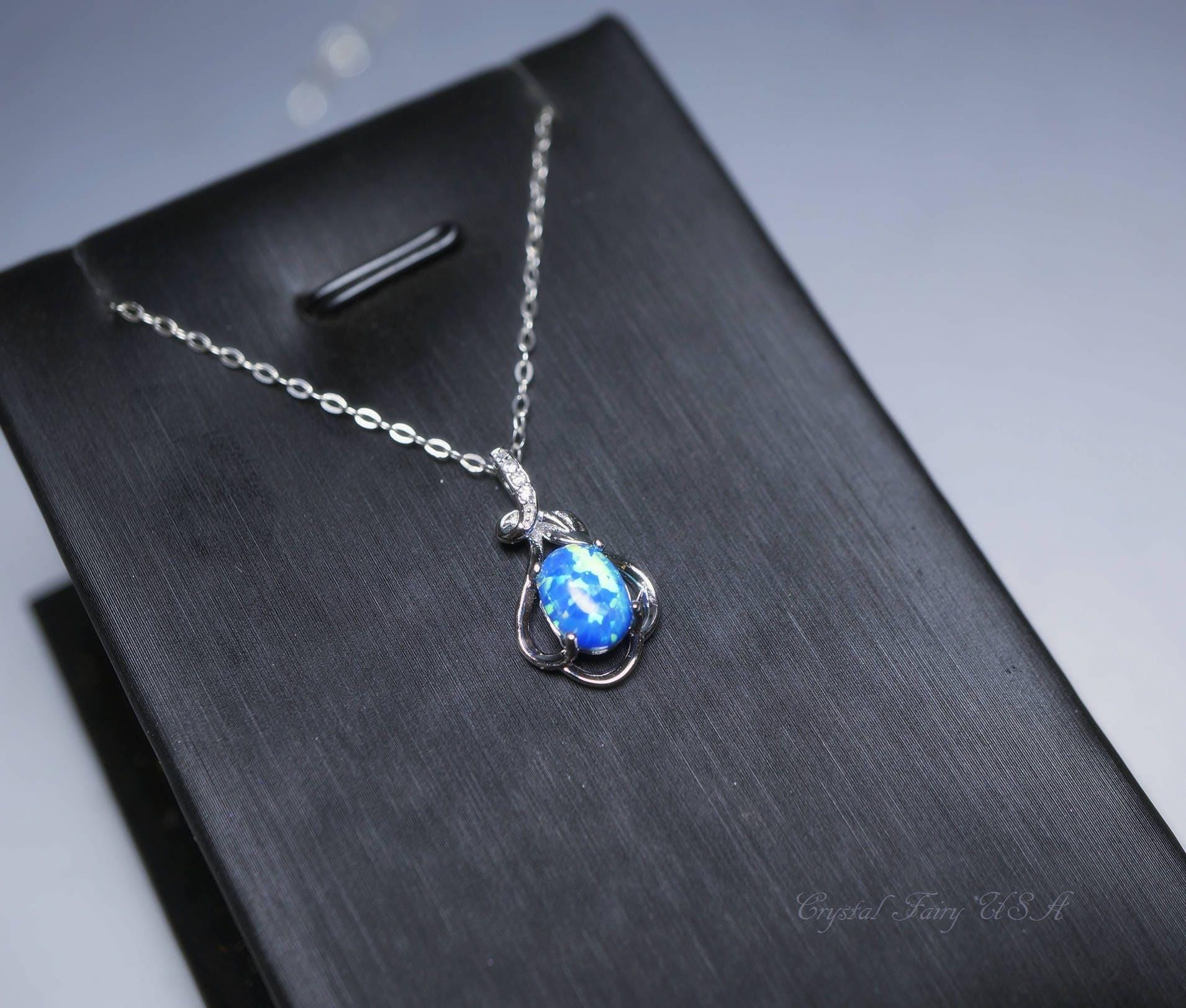 Tiny White Opal Necklace, sterling silver Petal Flower Blue Opal Pendant Oval Stone Jewelry 1018