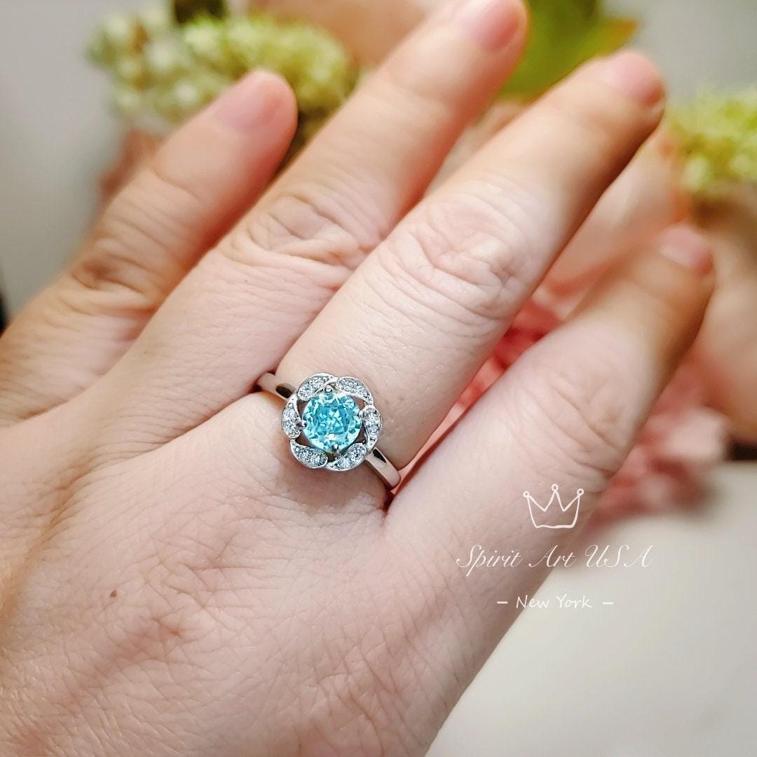 Aquamarine Ring Sterling Silver Flower Size March birthstone 1059