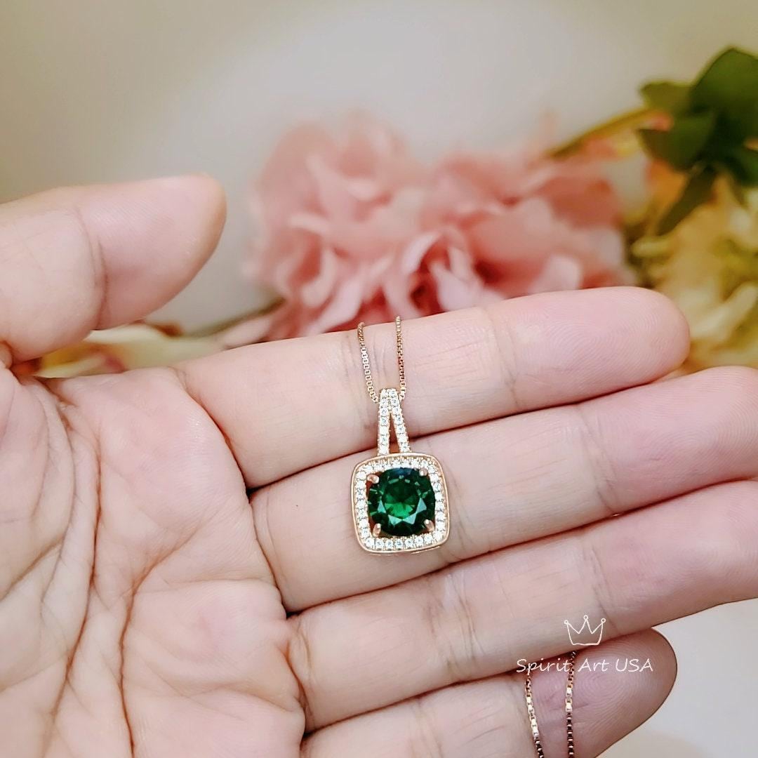 2 CT Emerald Necklace - Gemstone Square Halo Rose Gold plated Sterling Silver round cut emerald pendant #141
