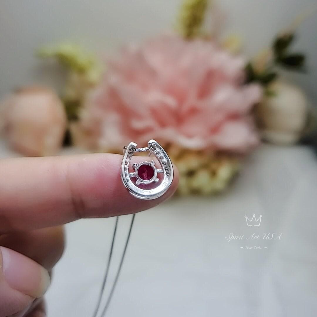 Ruby Horseshoe Necklace Sterling Silver Tiny Dainty Gemstone Stone Ruby Choker Platinum Overlay 925 Silver Box Chain #006