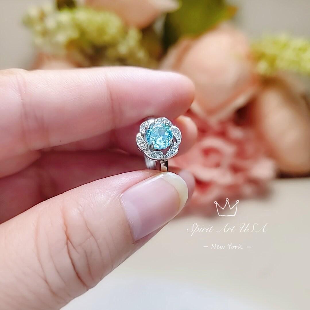 Aquamarine Ring Sterling Silver Flower Size March birthstone 1059