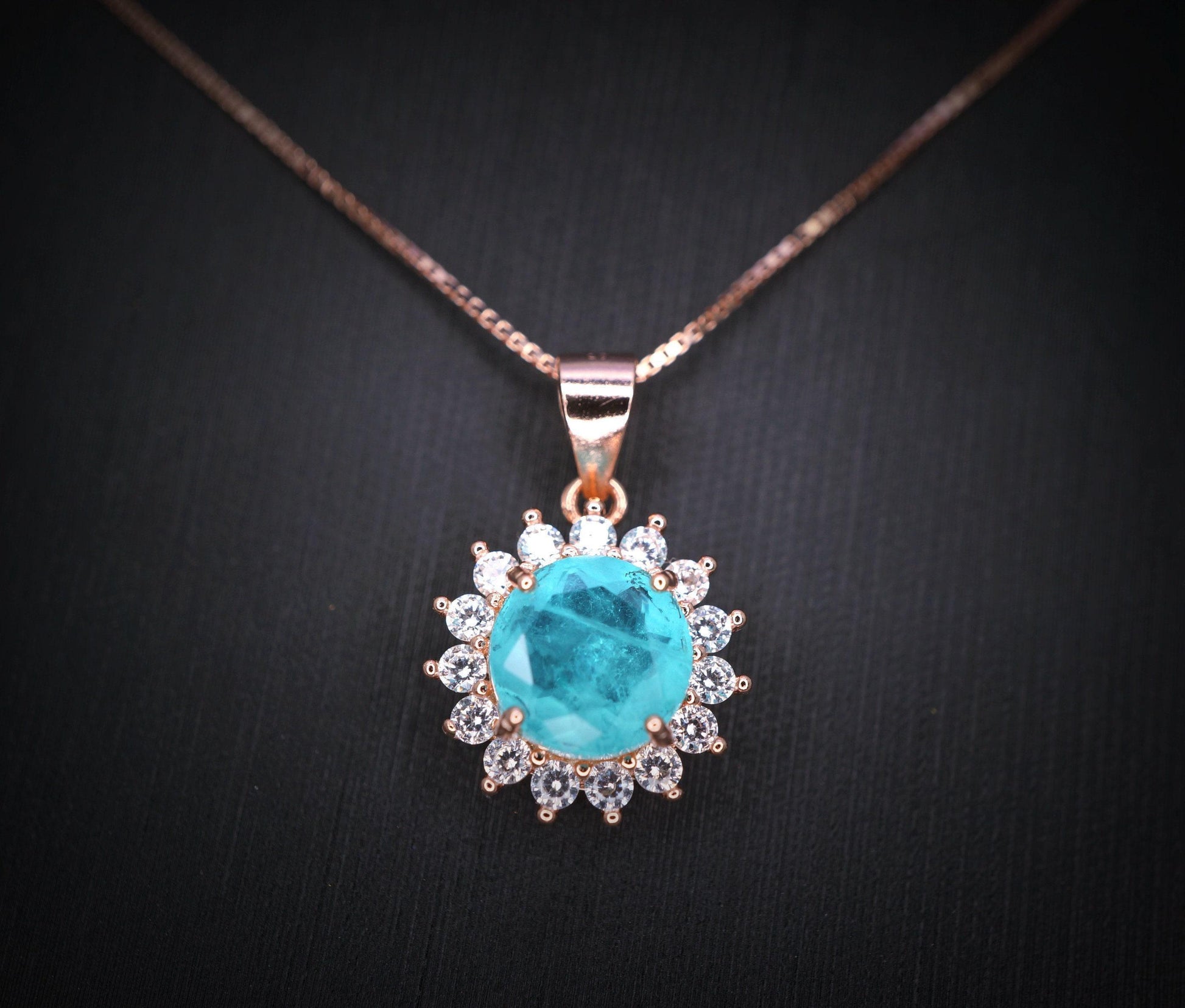 Blue Paraiba Tourmaline Necklace 8mm- Rose Gold Coated 925 Sterling Silver Princess Diana Style Hola Paraiba Pendant 085