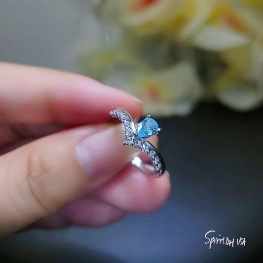 Crown Blue Aquamarine Ring Sterling Silver Sim Diamond Dainty Teardrop Pear Blue Gemstone Solitare Halo Ring 1062
