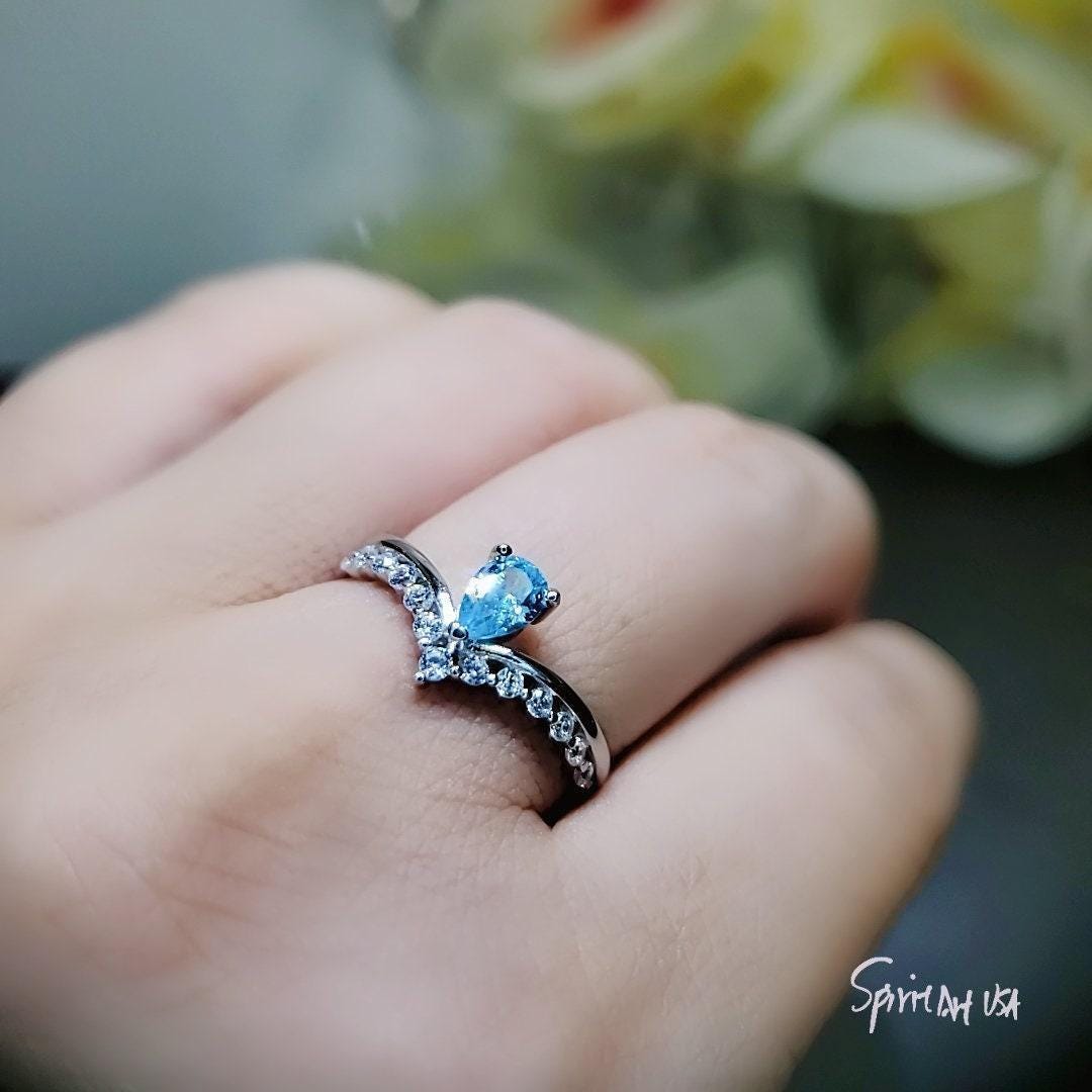 Crown Blue Aquamarine Ring Sterling Silver Sim Diamond Dainty Teardrop Pear Blue Gemstone Solitare Halo Ring 1062