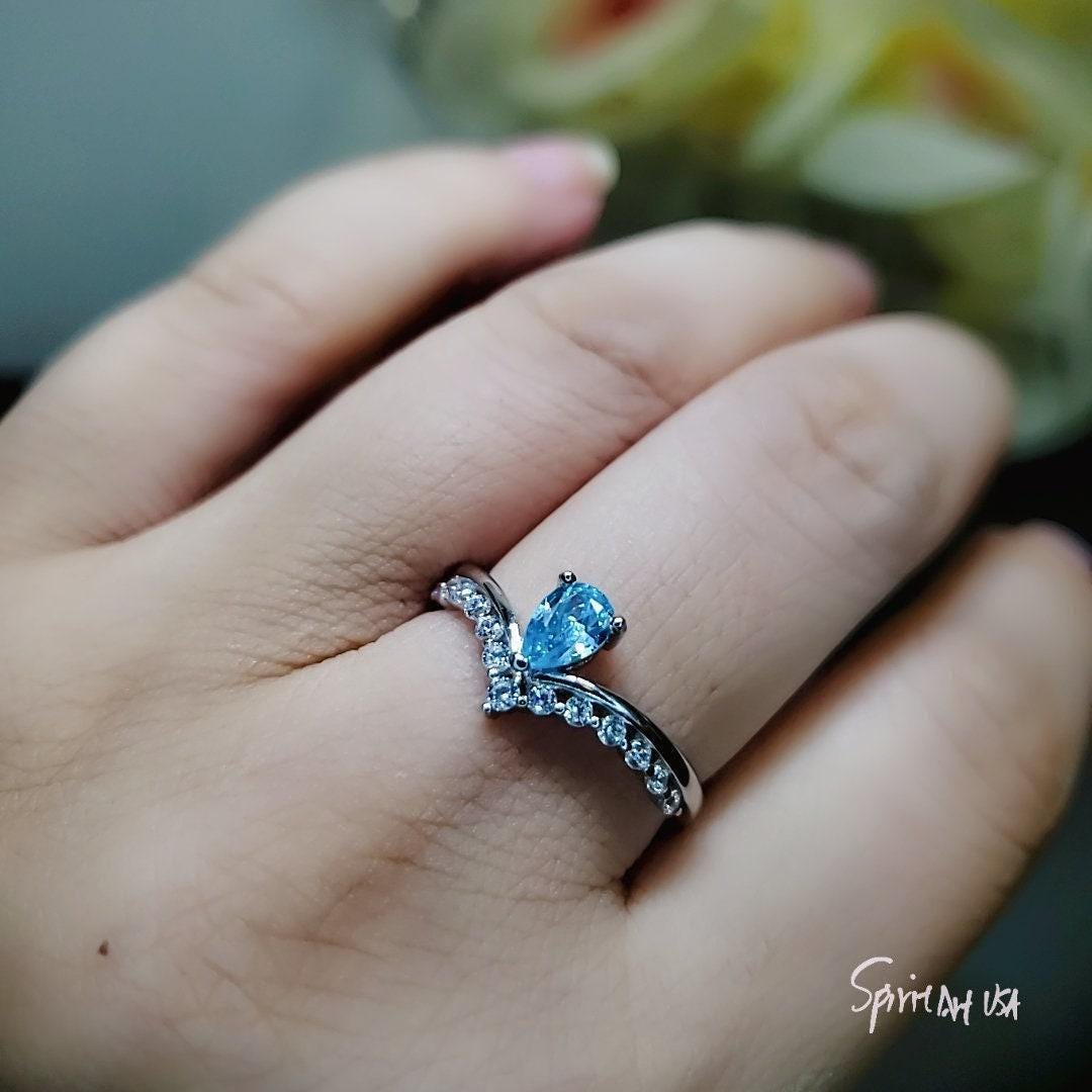 Crown Blue Aquamarine Ring Sterling Silver Sim Diamond Dainty Teardrop Pear Blue Gemstone Solitare Halo Ring 1062