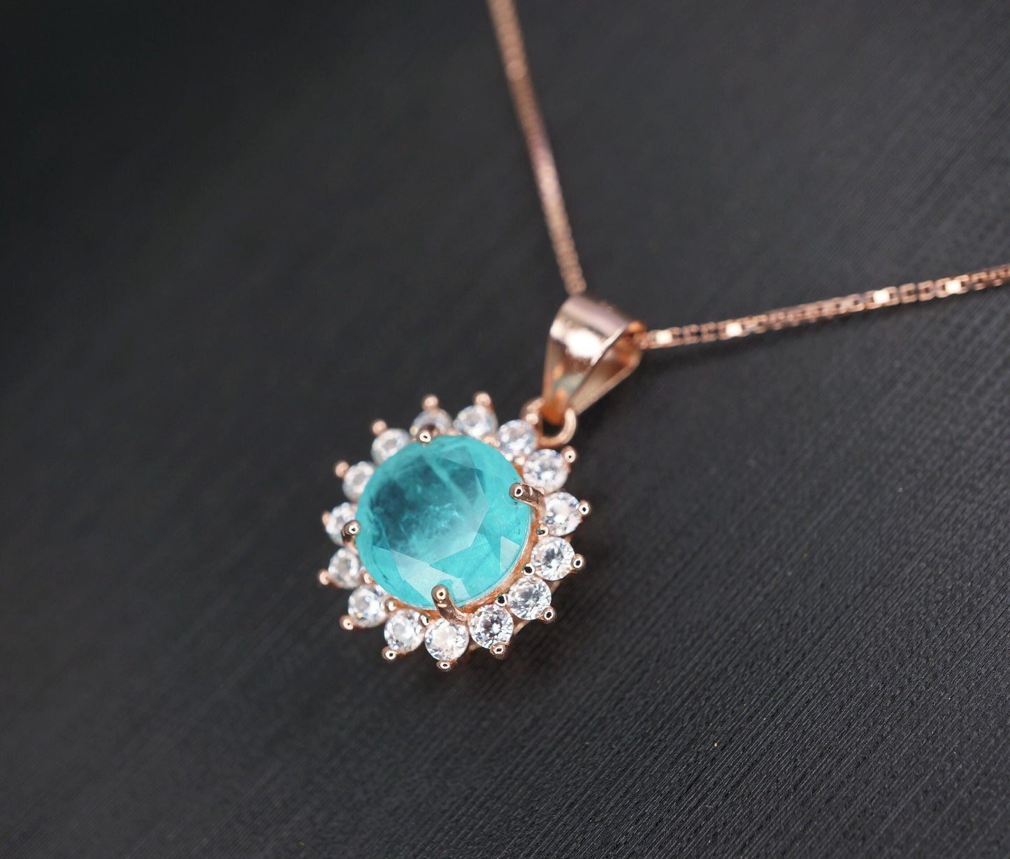 Blue Paraiba Tourmaline Necklace 8mm- Rose Gold Coated 925 Sterling Silver Princess Diana Style Hola Paraiba Pendant 085