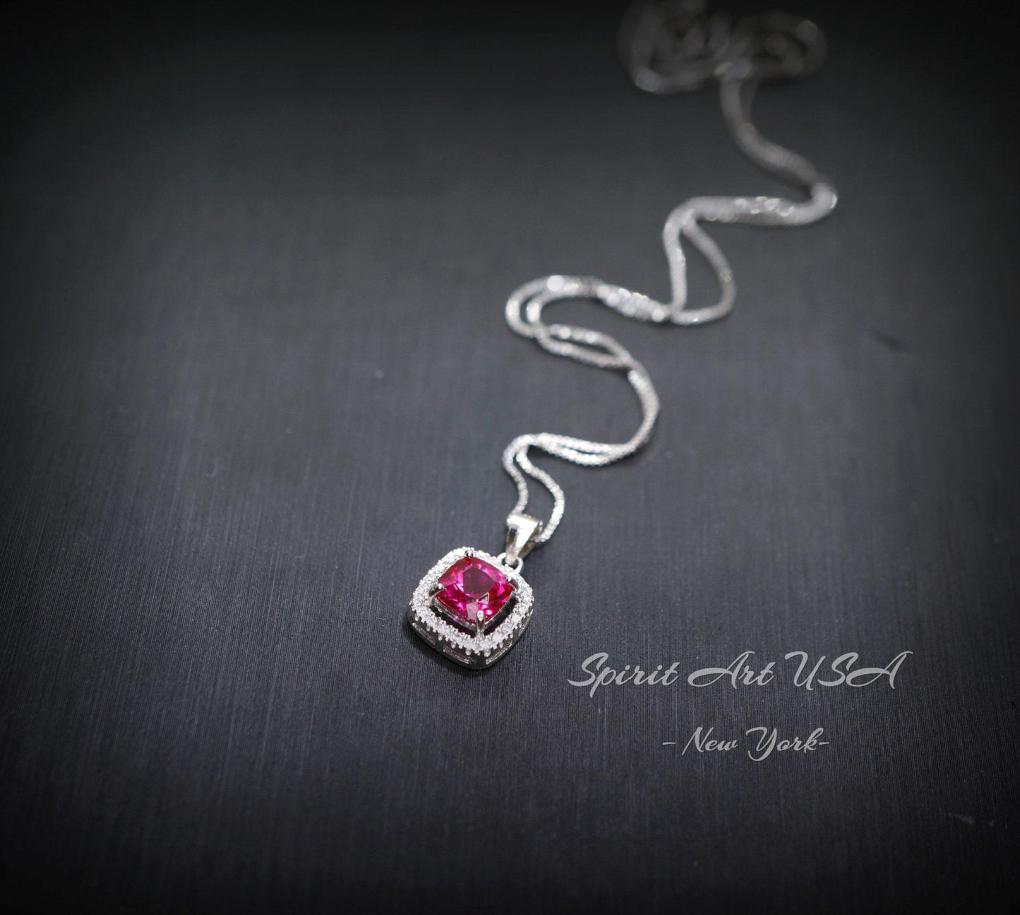 Tiny Square Ruby Necklace Sterling Silver - Minimalist Asscher Cut Tiny Lab Created Ruby Pendant - Small Ruby Jewelry 044