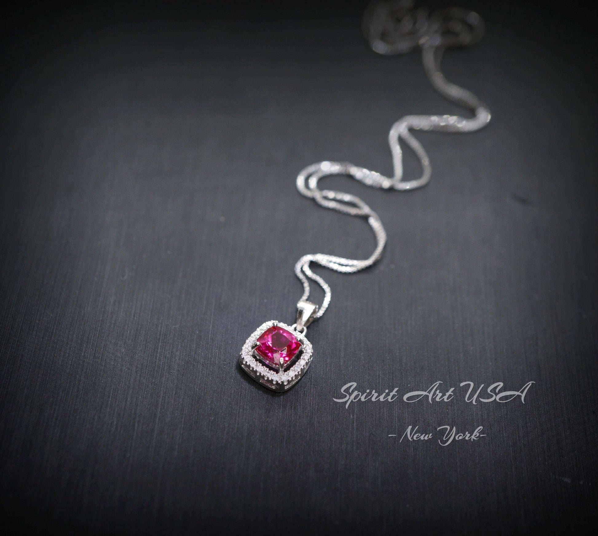 Tiny Square Ruby Necklace Sterling Silver - Minimalist Asscher Cut Tiny Lab Created Ruby Pendant - Small Ruby Jewelry 044