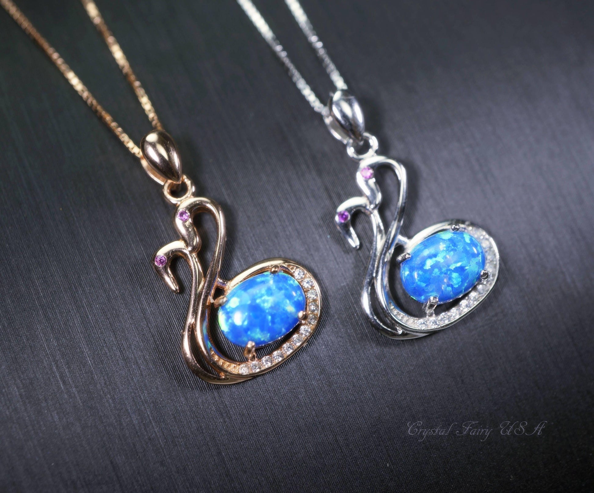 Blue Opal Necklace, Sterling Silver Fire Opal Couple Swan Pendant, Tiny Rose Gold Over Sterling Silver Bird Jewelry 1060